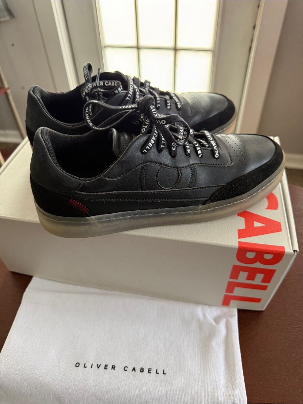 Oliver Cabell Black Leather Low-Top Sneaker with Translucent Sole